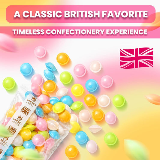 Resealable pouch of LAK & Co Flying Saucer Sweets with retro sherbet-filled UFO candies for party bags and pick and mix.