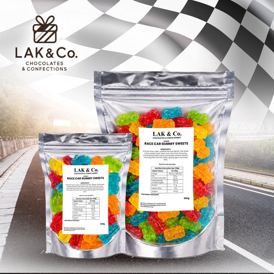 Race car shaped gummy sweets, gelatin free fruit gummies in resealable bag