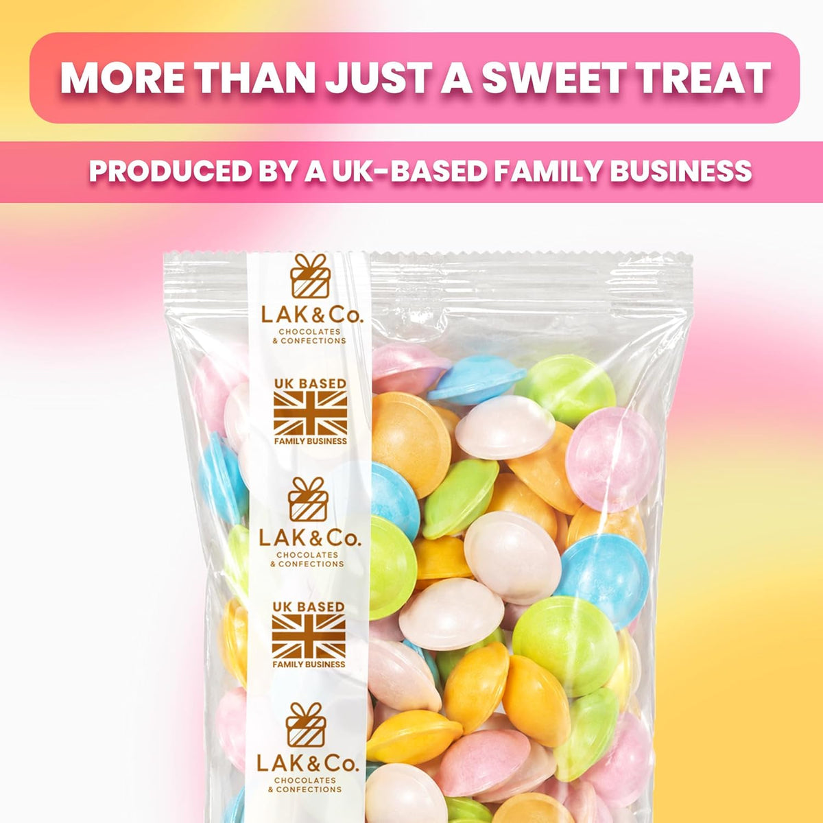 LAK & Co Flying Saucer Sweets 100g resealable pouch with colorful sherbet-filled UFO-shaped candies for party bags and treats.