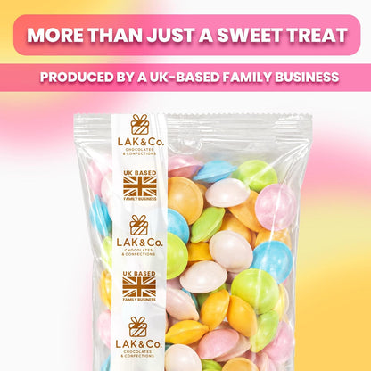 LAK & Co Flying Saucer Sweets 100g resealable pouch with colorful sherbet-filled UFO-shaped candies for party bags and treats.