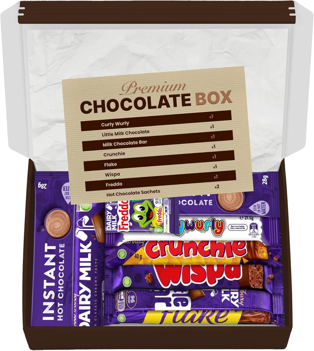 Premium Chocolate Gift Box Hamper with Hot Chocolate Sachets - A Mix of Full Size Chocolate Bar & Surprise Sweet Treats for Adults & Kids - Letterbox Friendly