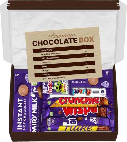 LAK & Co Chocolates & Confections premium chocolate gift box with hot chocolate sachets, assorted full-size chocolates, and sweet treats.