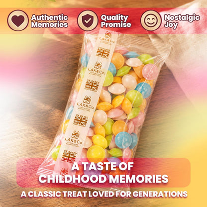 Retro UFO sweets in resealable pouch, sherbet-filled flying saucers from LAK & Co, perfect for party bags and pick and mix treats.