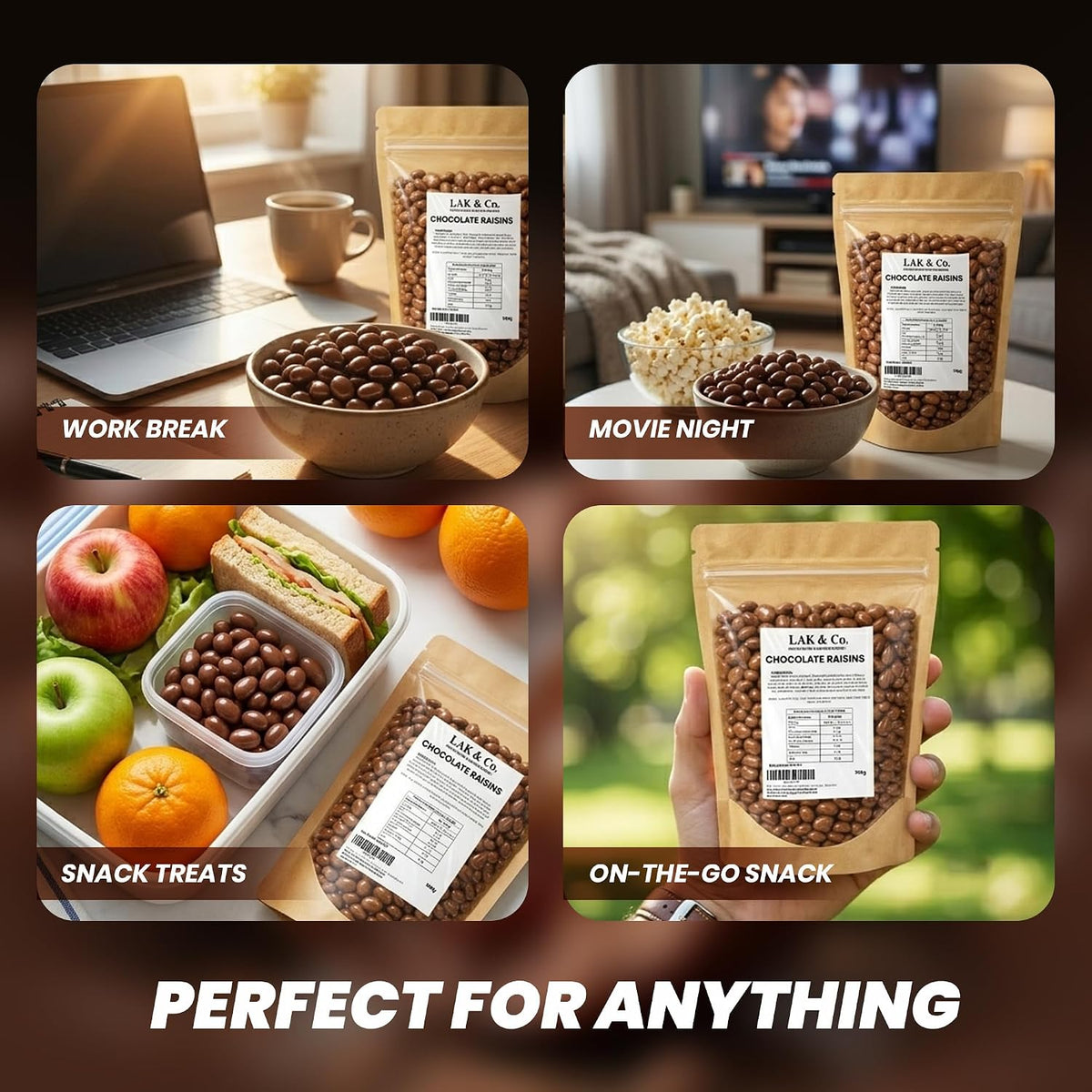 Resealable stand-up pouch of chocolate raisins