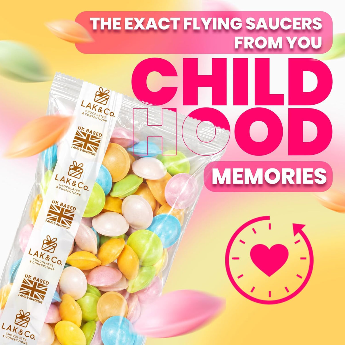 LAK & Co Flying Saucer Sweets 100g resealable pouch with colorful sherbet-filled UFO candies, perfect for party bags and pick and mix.