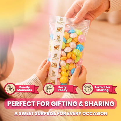 Flying saucer sweets in resealable pouch, retro sherbet-filled UFO candies from LAK & Co, perfect for party bags and pick-and-mix.