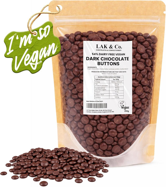 Dark chocolate chips buttons from LAK & Co, 250g, vegan baking chocolate with 54% cocoa, dairy free, perfect for cookies and baking