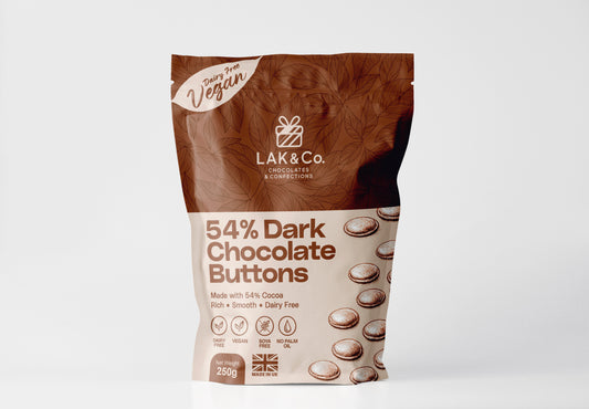LAK & Co Dark Chocolate Chips Buttons with 54% cocoa, vegan, dairy-free, real cocoa butter, ideal for baking cookies, brownies, and muffins.