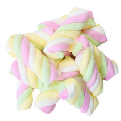 Large twist marshmallows from LAK & Co Chocolates & Confections, showing soft, fluffy white marshmallows with twisted shape.
