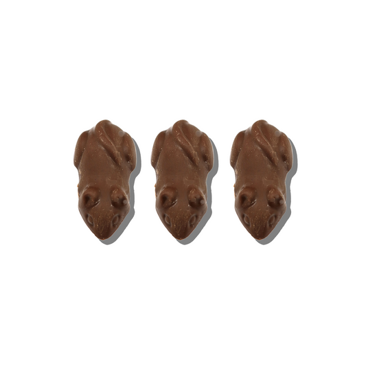 Brown mice chocolates from LAK & Co Chocolates & Confections displayed on a white background.