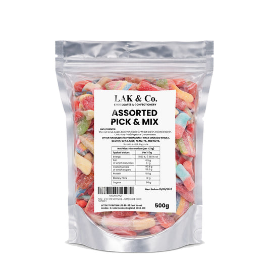 Assorted build-your-own 500g selection of chocolates and confections from LAK & Co, featuring colorful candies in a clear box.