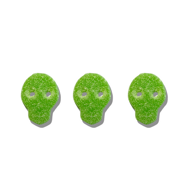 Vegan Fizzy Apple Skulls by LAK & Co Chocolates & Confections, colorful apple-shaped candies with a fizzy coating and skull design.