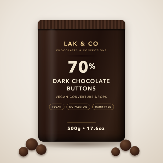 LAK & Co 70% dark chocolate buttons for baking, 500g pouch, vegan couverture drops with real cocoa butter, no palm oil, dairy free