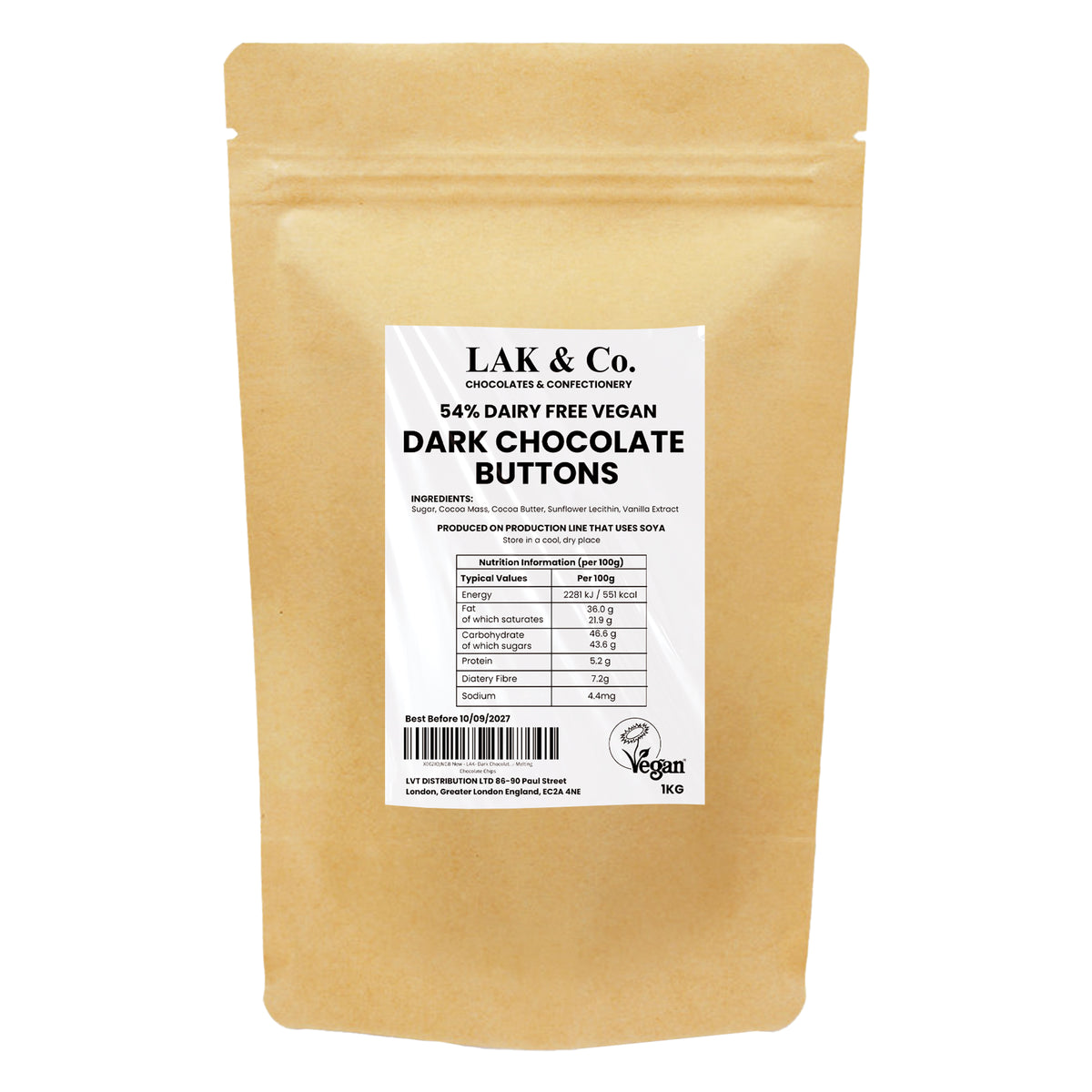 Plain image of dark chocolate chips buttons drops from LAK & Co Chocolates, vegan, dairy-free baking chocolate with 54% cocoa content.